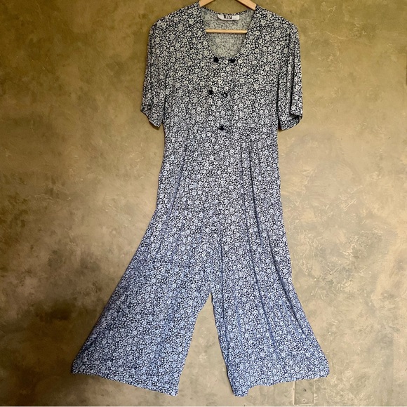 Vintage Pants - Vintage 90s Illustrations Floral Babydoll Cropped Wide Leg Jumpsuit